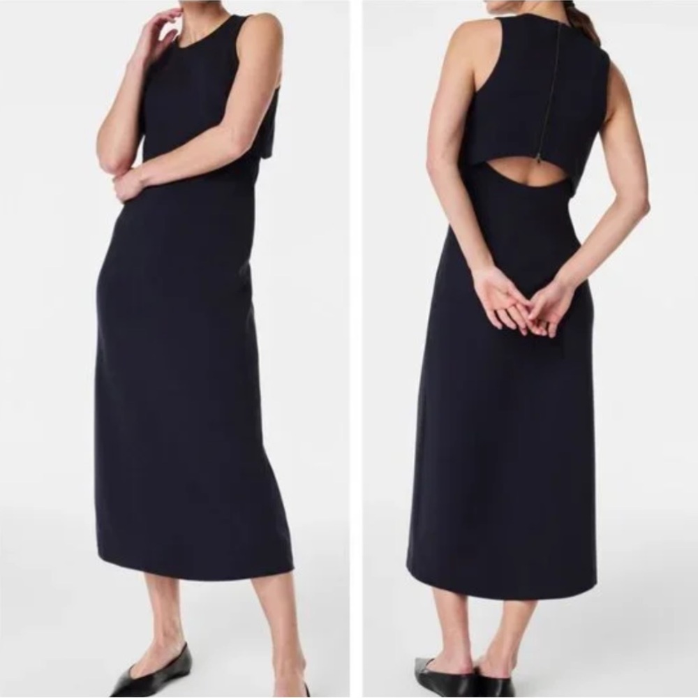 Spanx 2x Classic Black Sleeveless Open Back Ponte Overlay Fitted Midi Dress Nwt